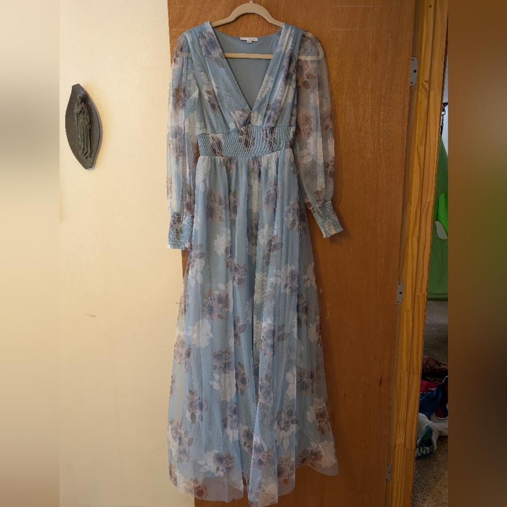 Elegant, Blue, Floral Maxi Dress